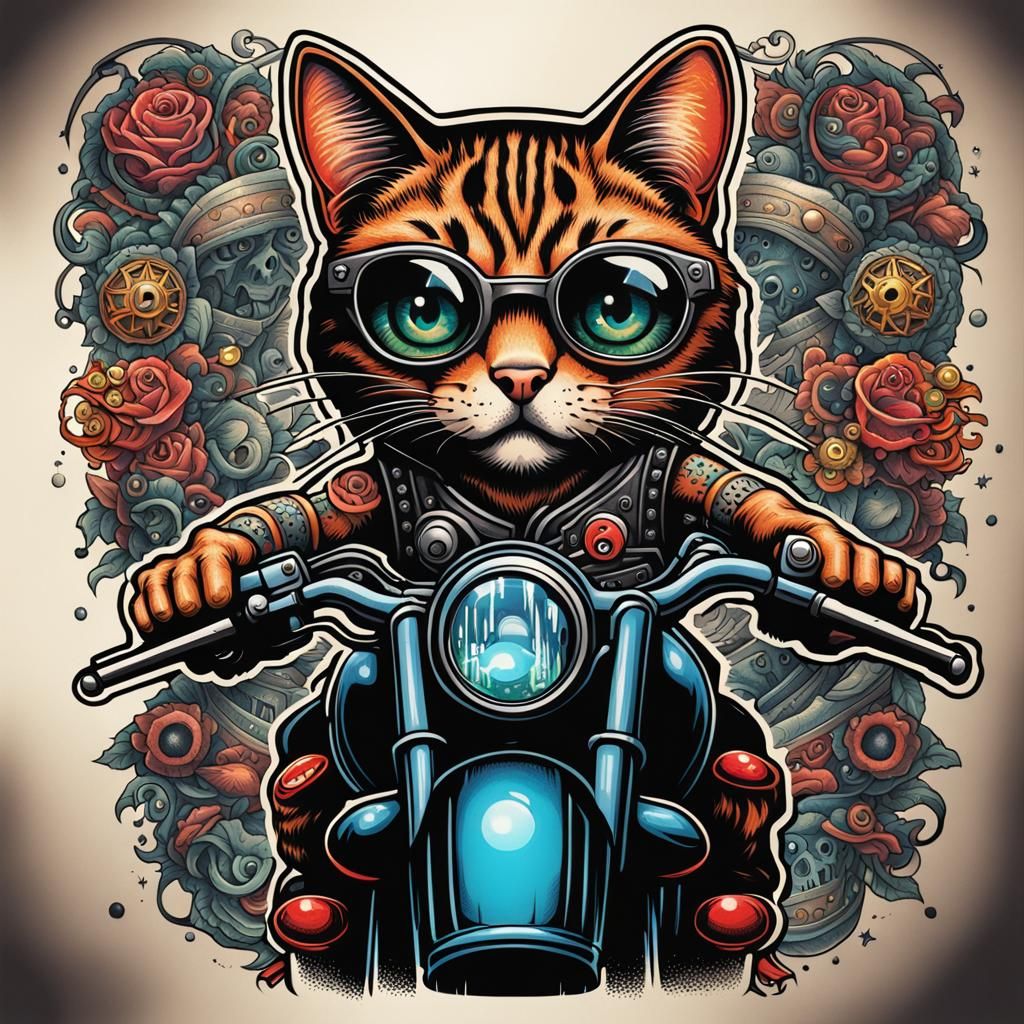 Funny Tattoo shown on a real human shoulder of a mean psychedelic biker gang cat with big eyes riding a Harley motorcyc...