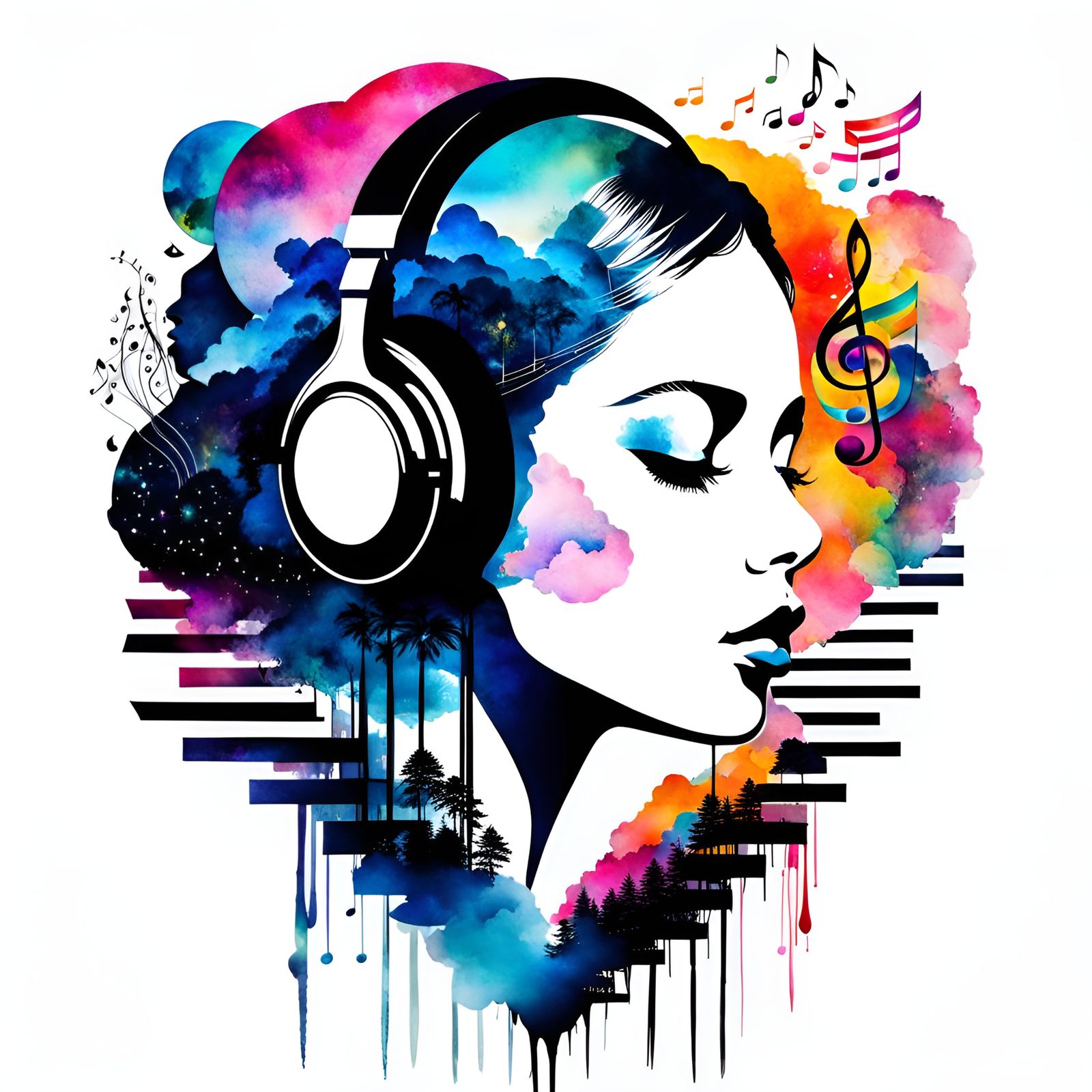 Double Exposure Collage: Girl Immersed in Music