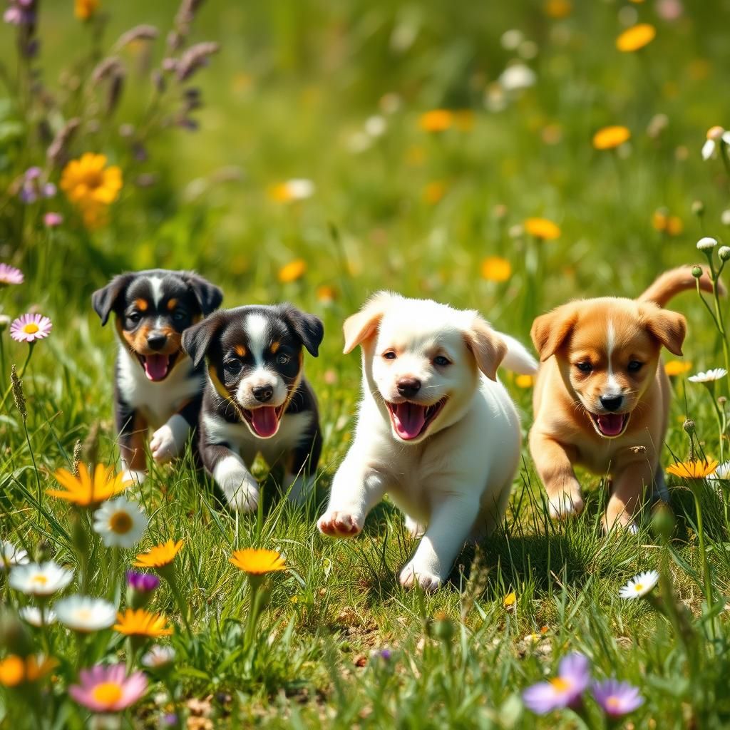 Puppies Play in Sunny Meadow: Photorealistic Style