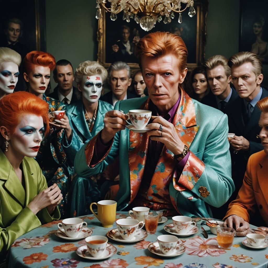 David Bowie Tea Party in Psychedelic Photorealism