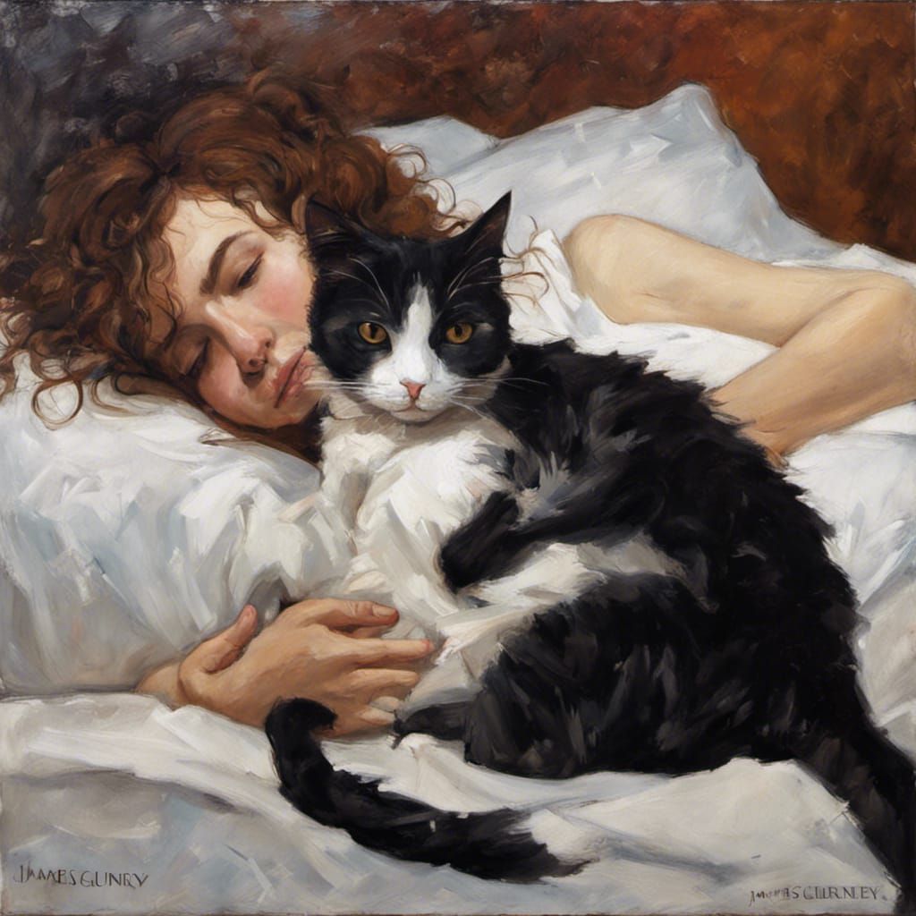 Cat Cuddling Human in Bed as Oil Painting