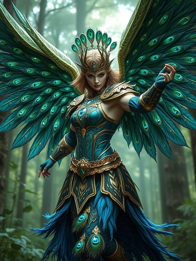 Flyting Fantasy Angel with Jeweled Wings and Armor