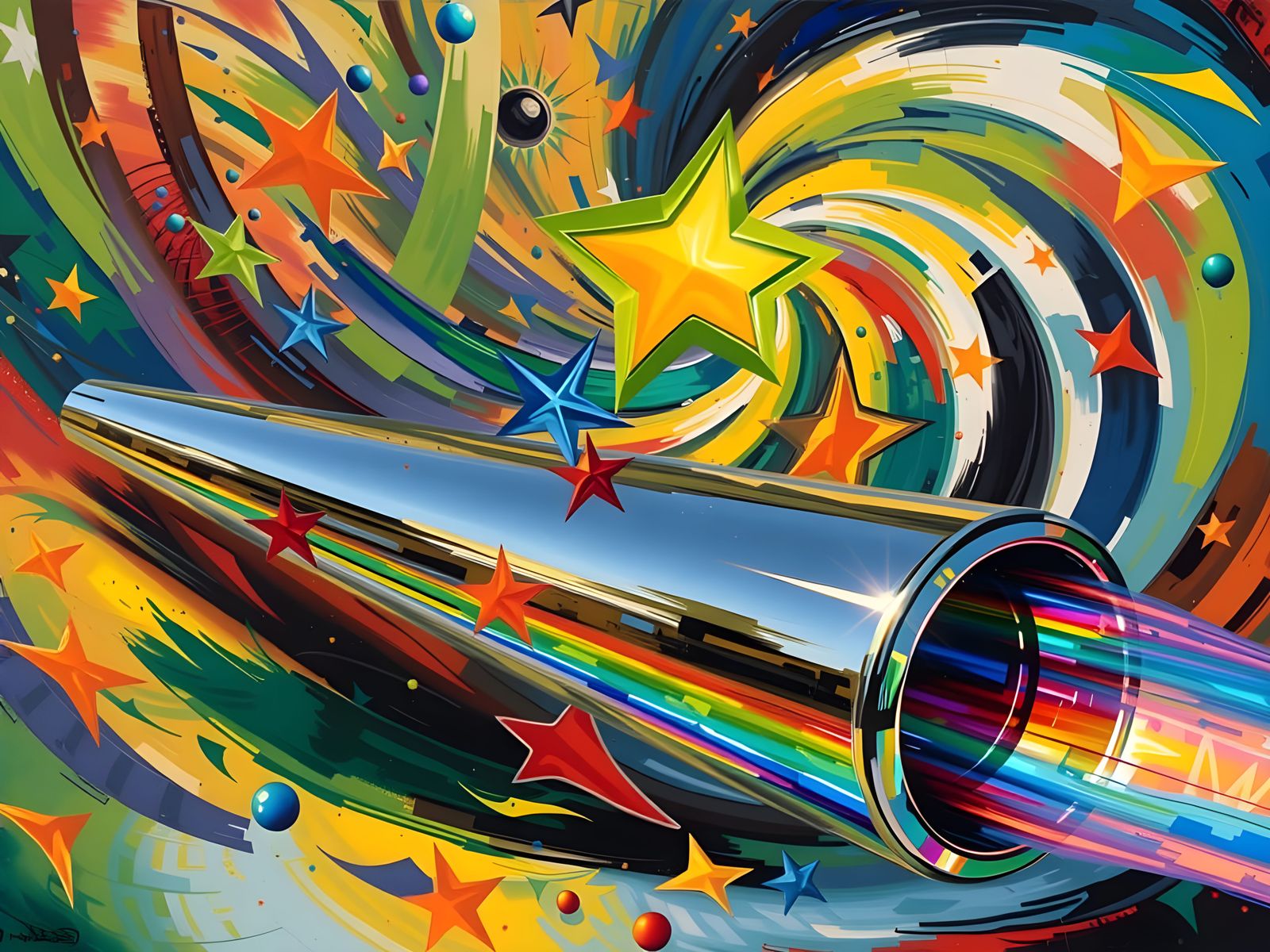 Sleek Mirror Cylinder with Iridescent Exhaust in Vortex Mael...