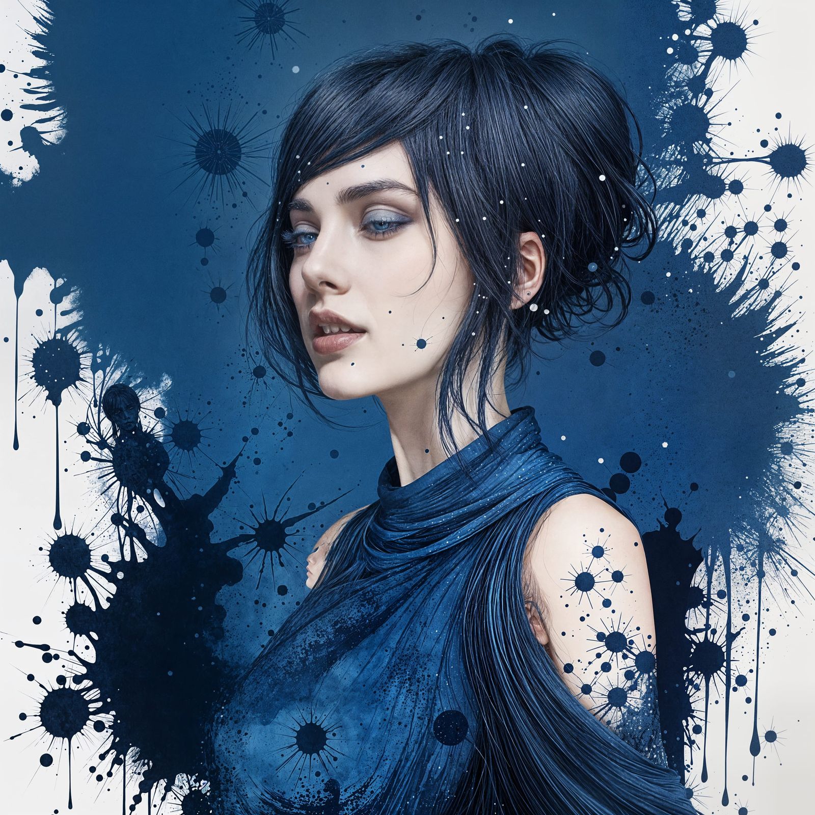 Ink Splatter Art of Woman in Blue
