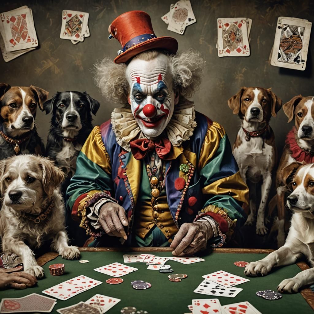 Clown and Dogs Play Poker, Hyperrealistic Portrait