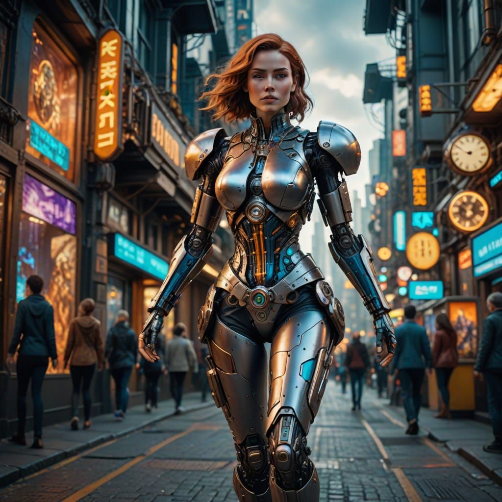 Steampunk Woman Striding Through Futuristic City