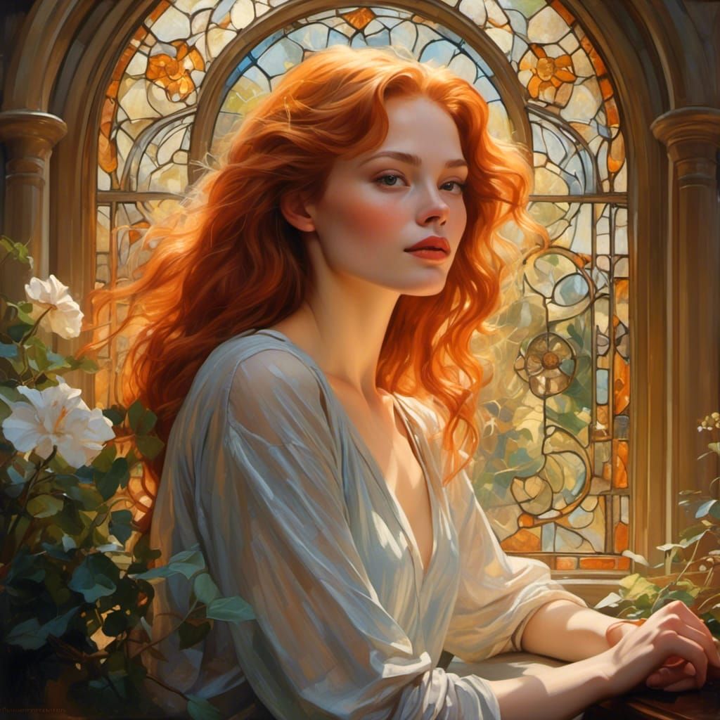 Redhead Wakes in Mystical Garden, Dreamlike Concept Art