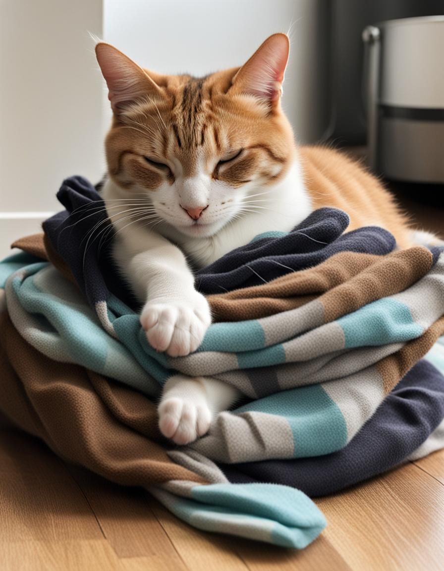Sleepy Cat Curled Up in Laundry Pile