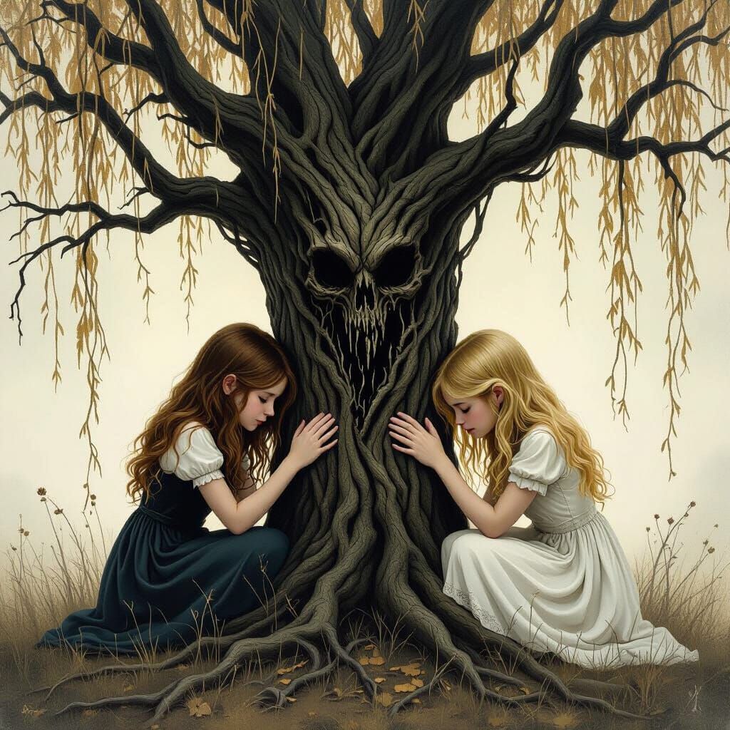 Sisters at Willow Tree in Mystical Style