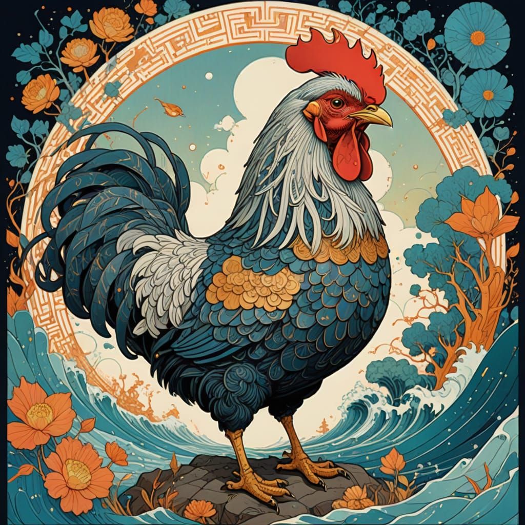 Majestic Shield Emblem of a Proud Chicken in Stylized Digita...
