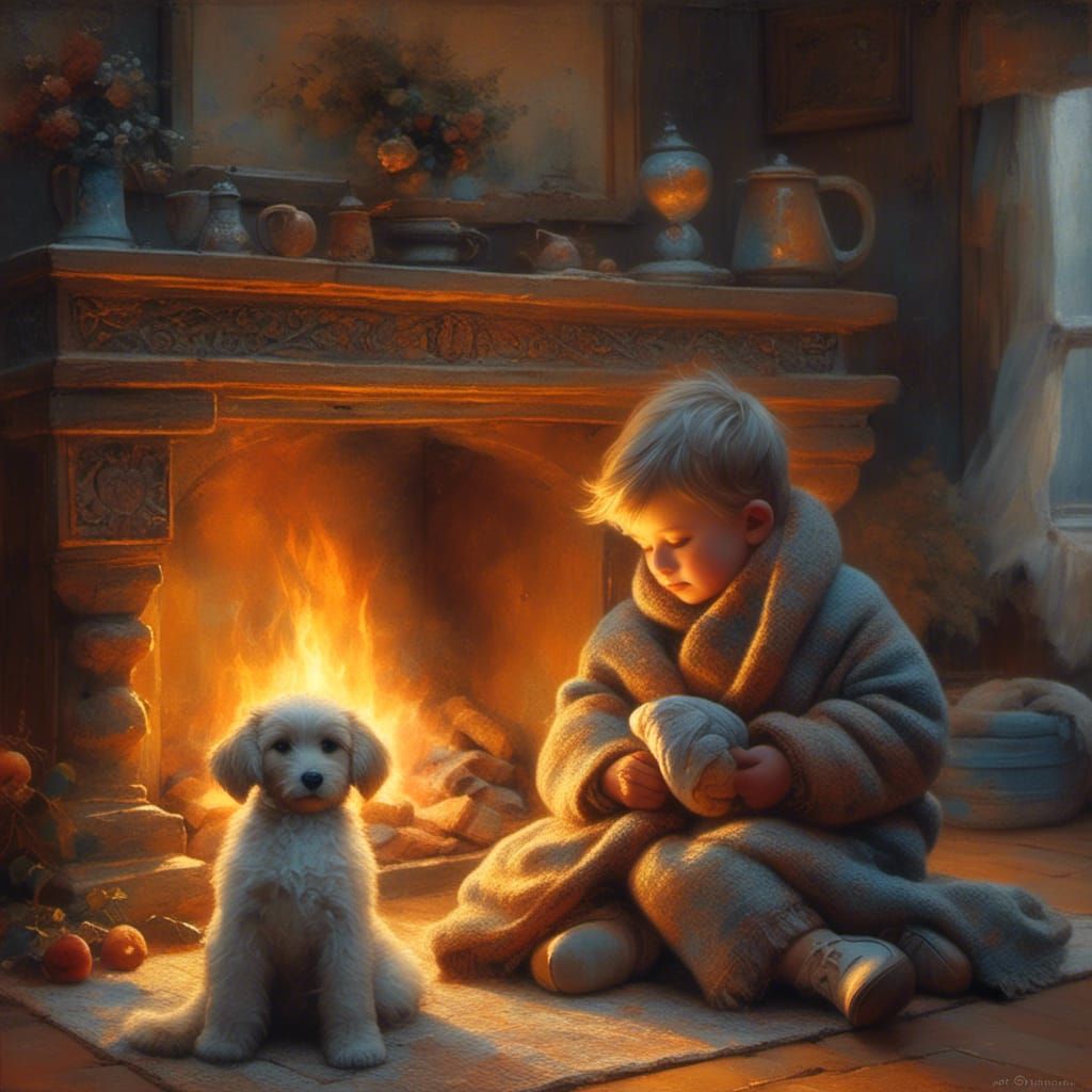 Cozy Toddler and Dog by Fireplace