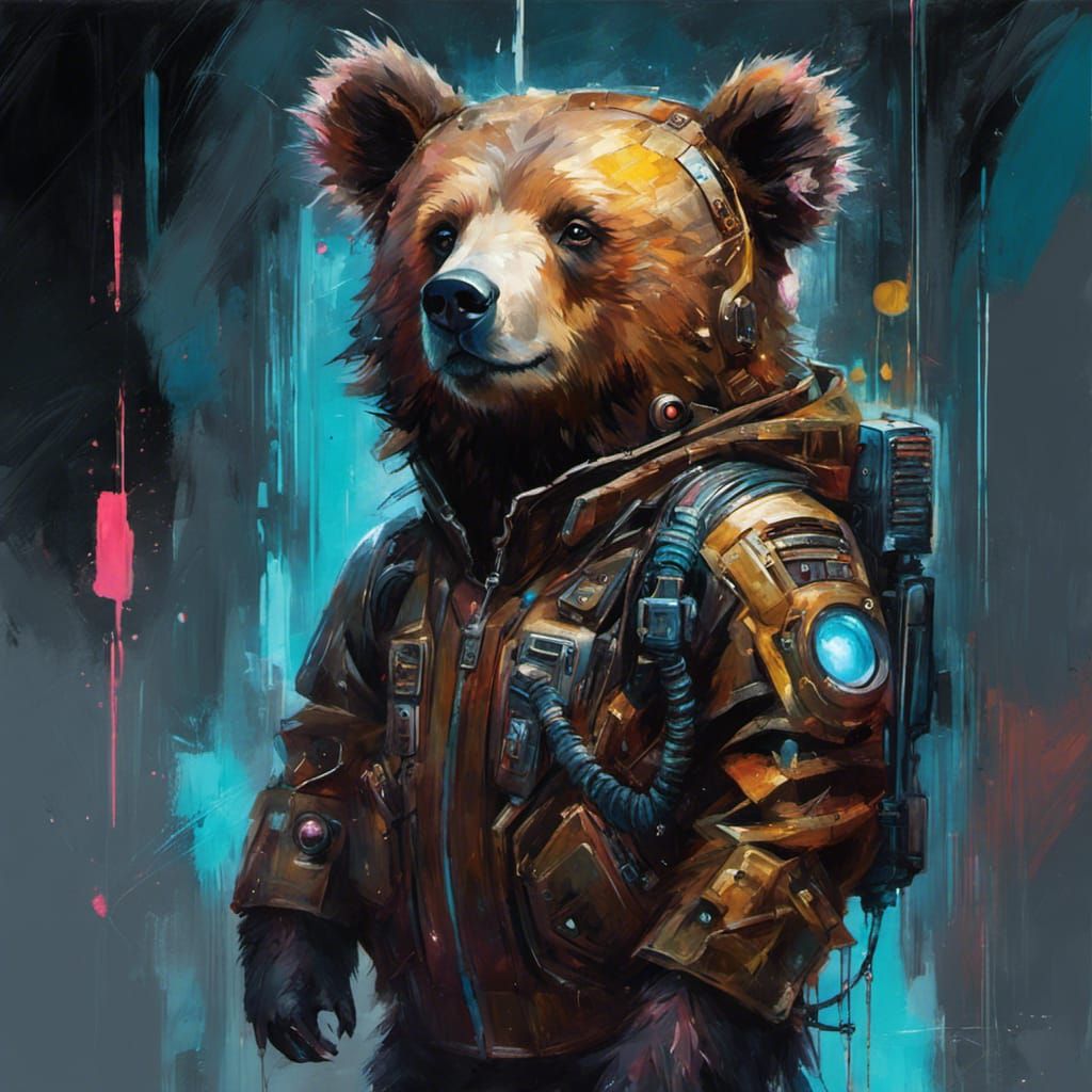 Cyberpunk Cybernetic Bear Oil Painting