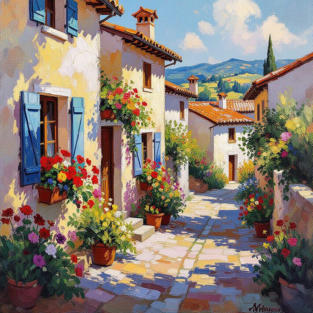 Impressionist Village Scene with Bursting Flowers