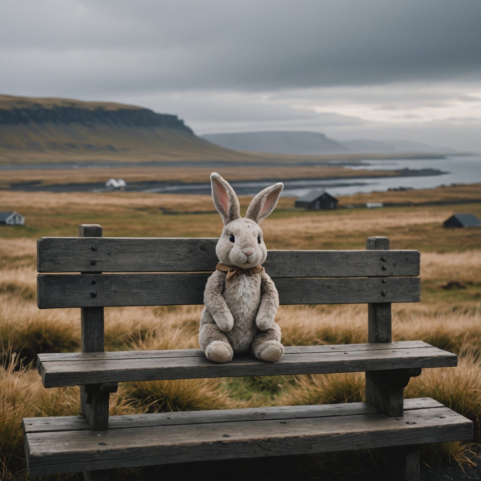 Worn Rabbit on Bench Overlooking Misty Iceland