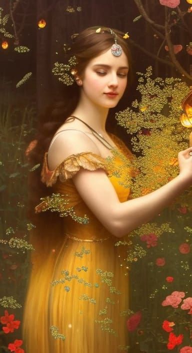 Girl with Fireflies: Dark Fantasy Art in Blue and Gold