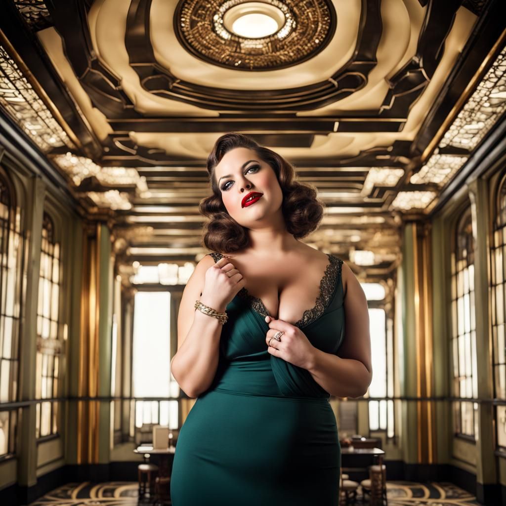 Glamorous Plus-Size Woman in Art Deco Building