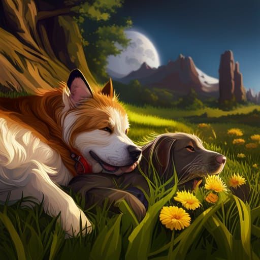 Dog and Cat Sleeping in Grass, Detailed Art