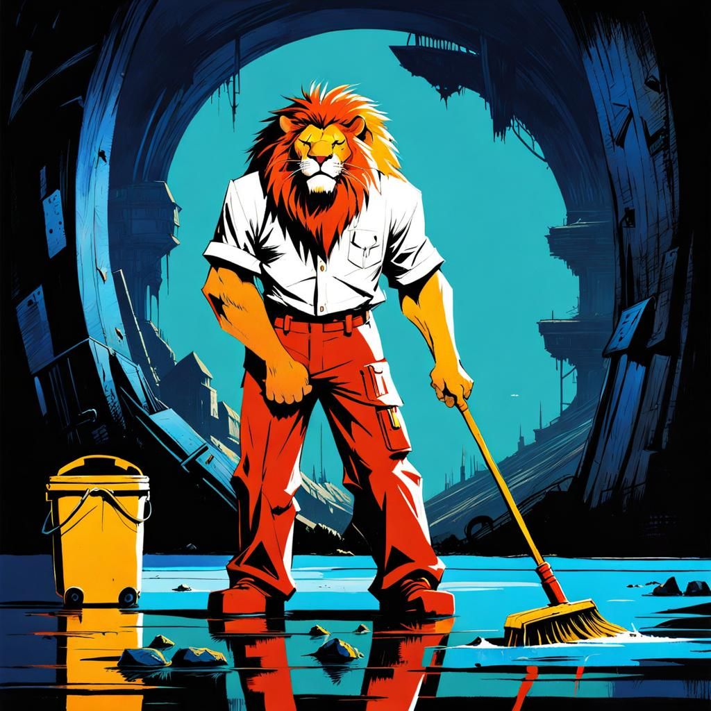 Depressed Janitor Lion in Fantasycore Style