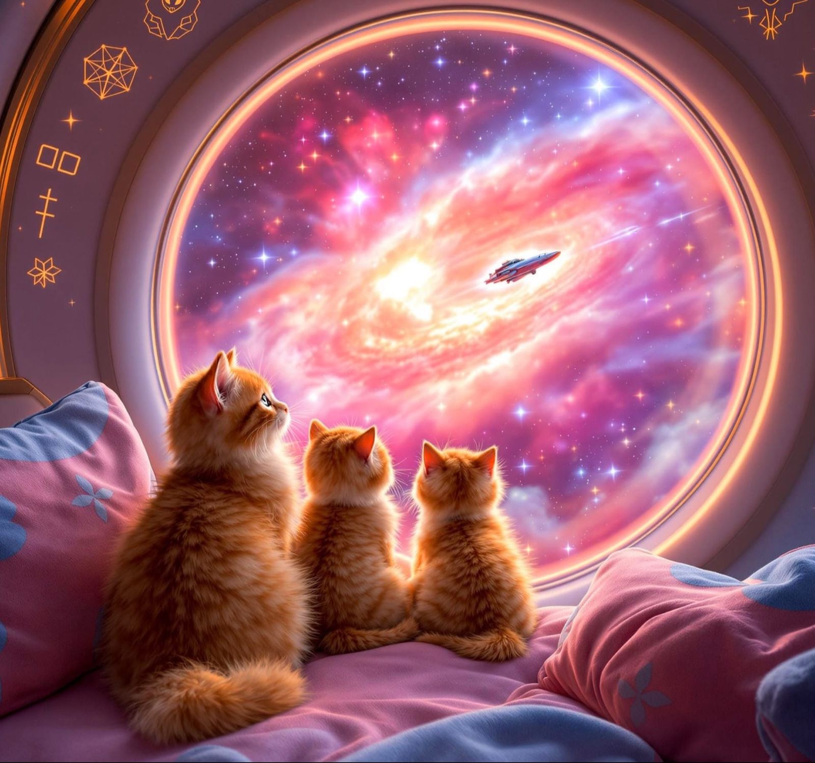 Kittens Gaze at Nebula from Spaceship Window