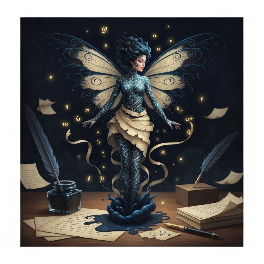 Ink Fairy Emerges from Inkwell in Magical Realism