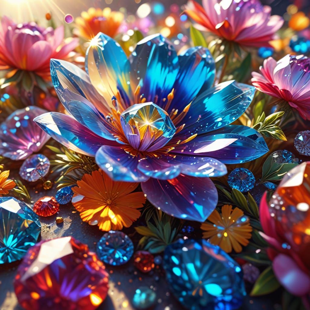 Vibrant Flowers and Gemstones in Oil Painting Style