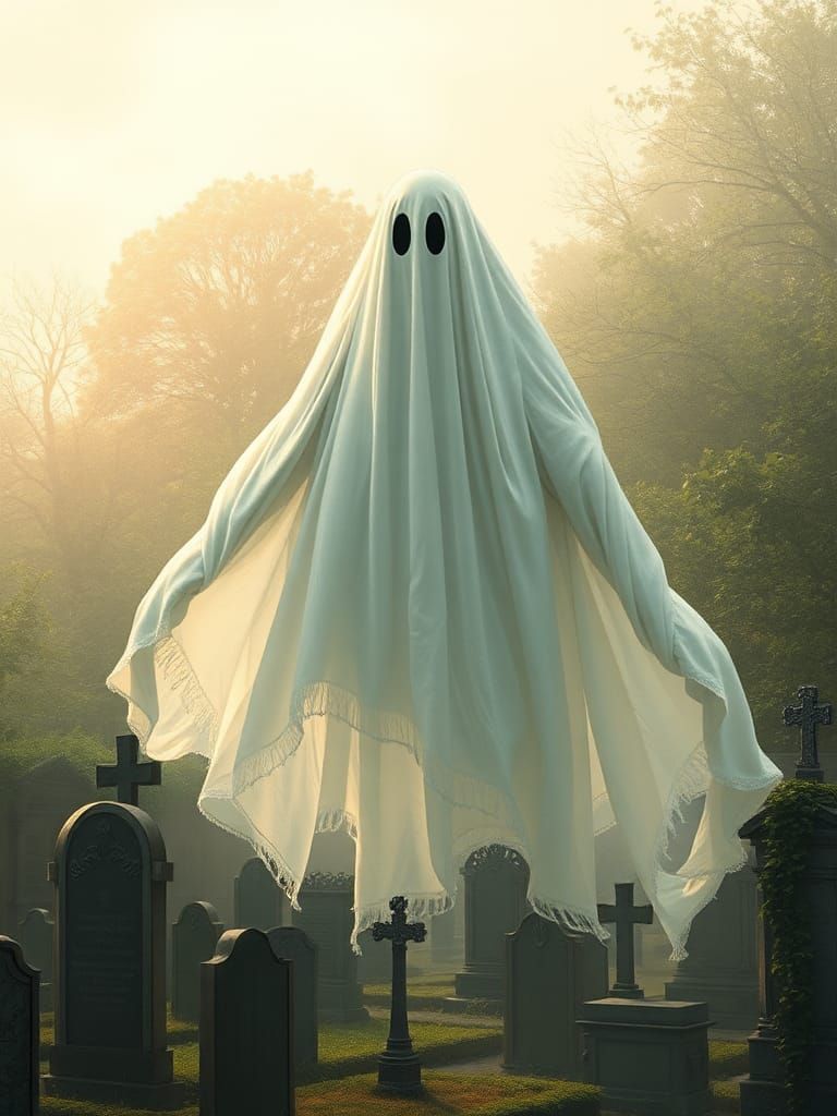 Ghostly Figure in Graveyard: Ethereal Digital Painting