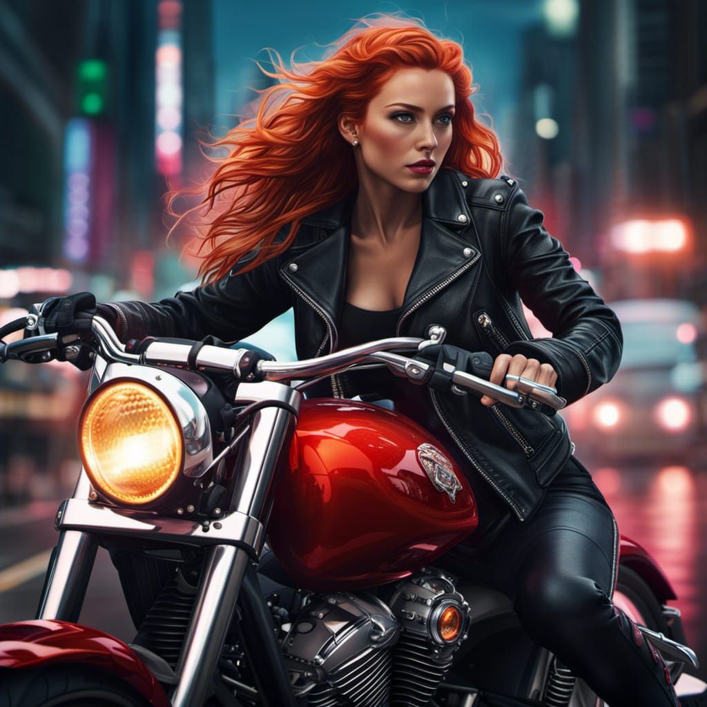 Redhead Biker Girl in Synthwave Style