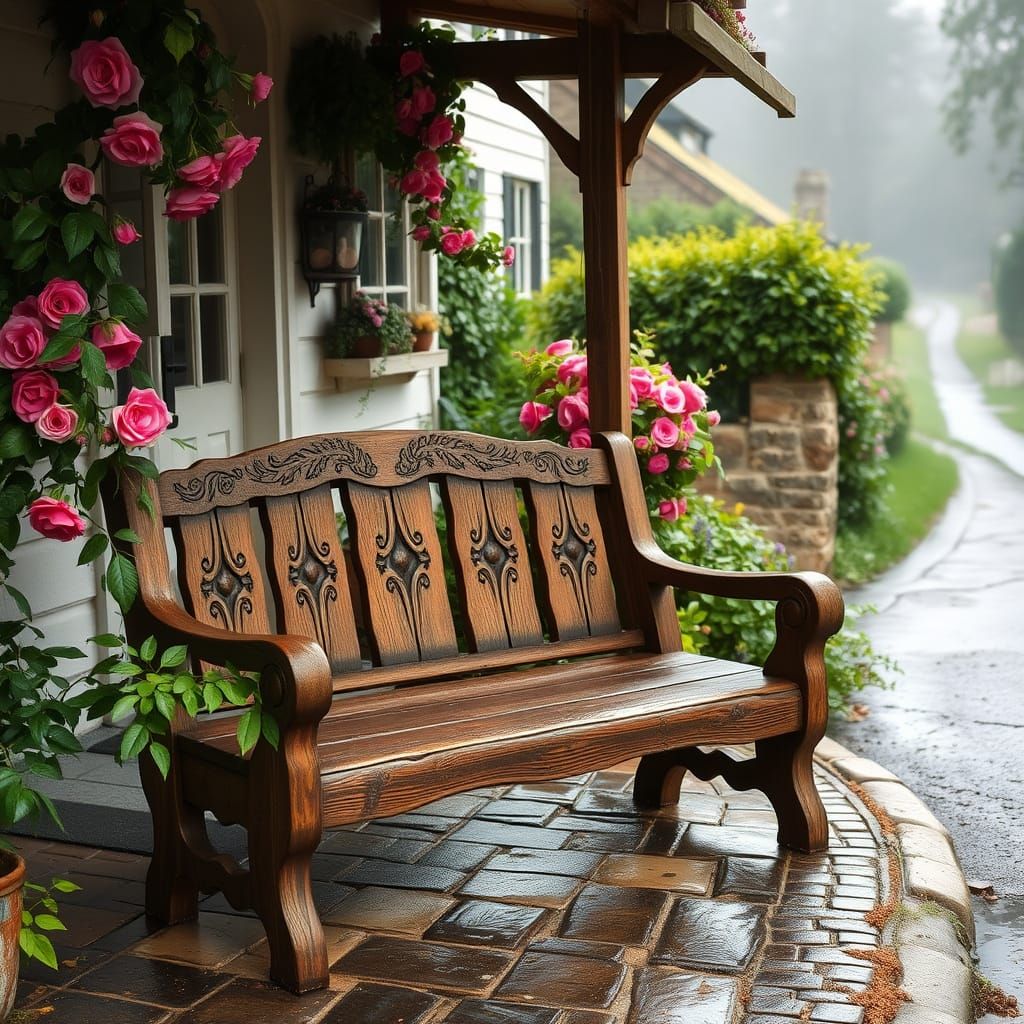 Charming Cottage Scene with Rustic Bench and Climbing Roses