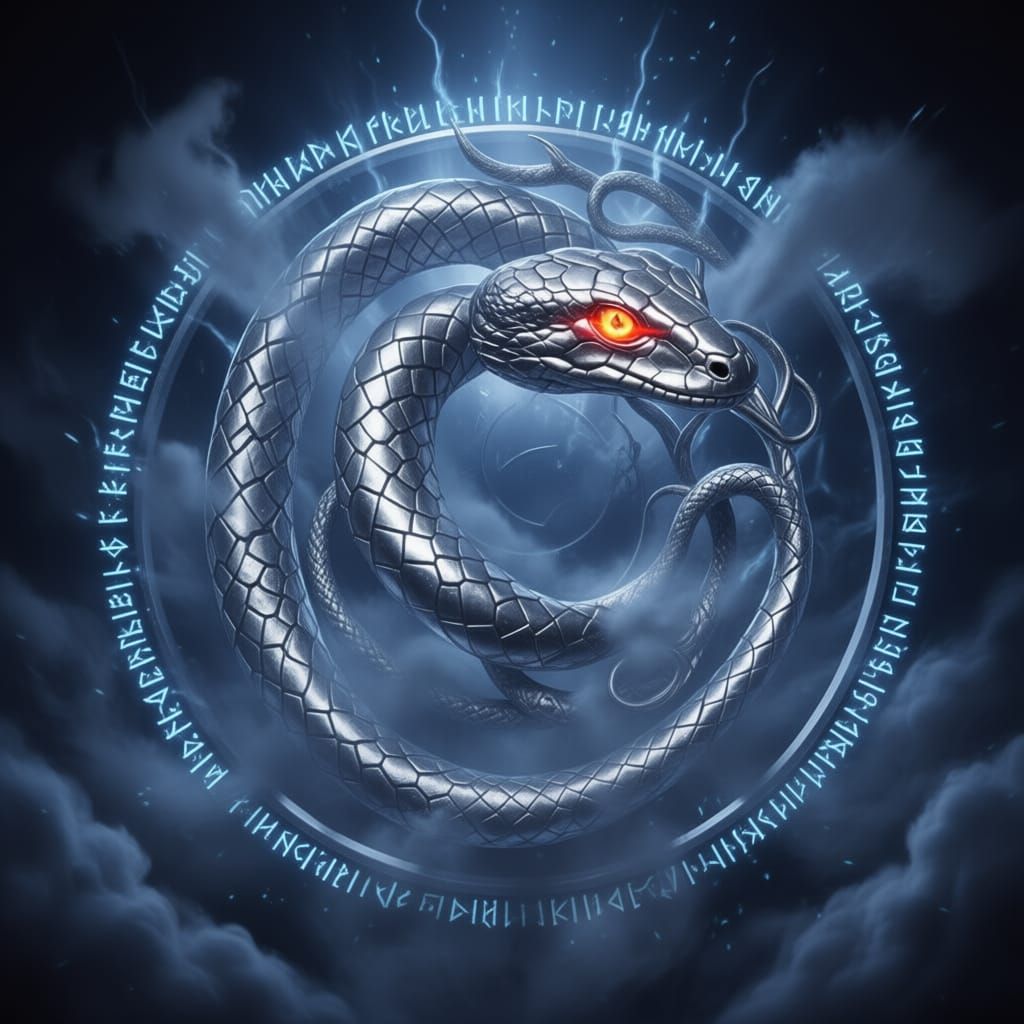 A silver ouroboros coming to life and turning threatening