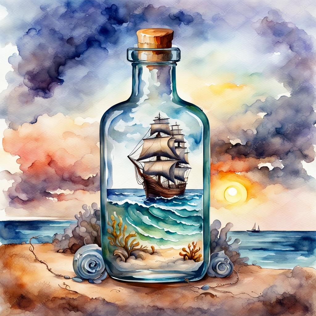 Kraken Captures Ship in Glass Bottle: Watercolor Painting