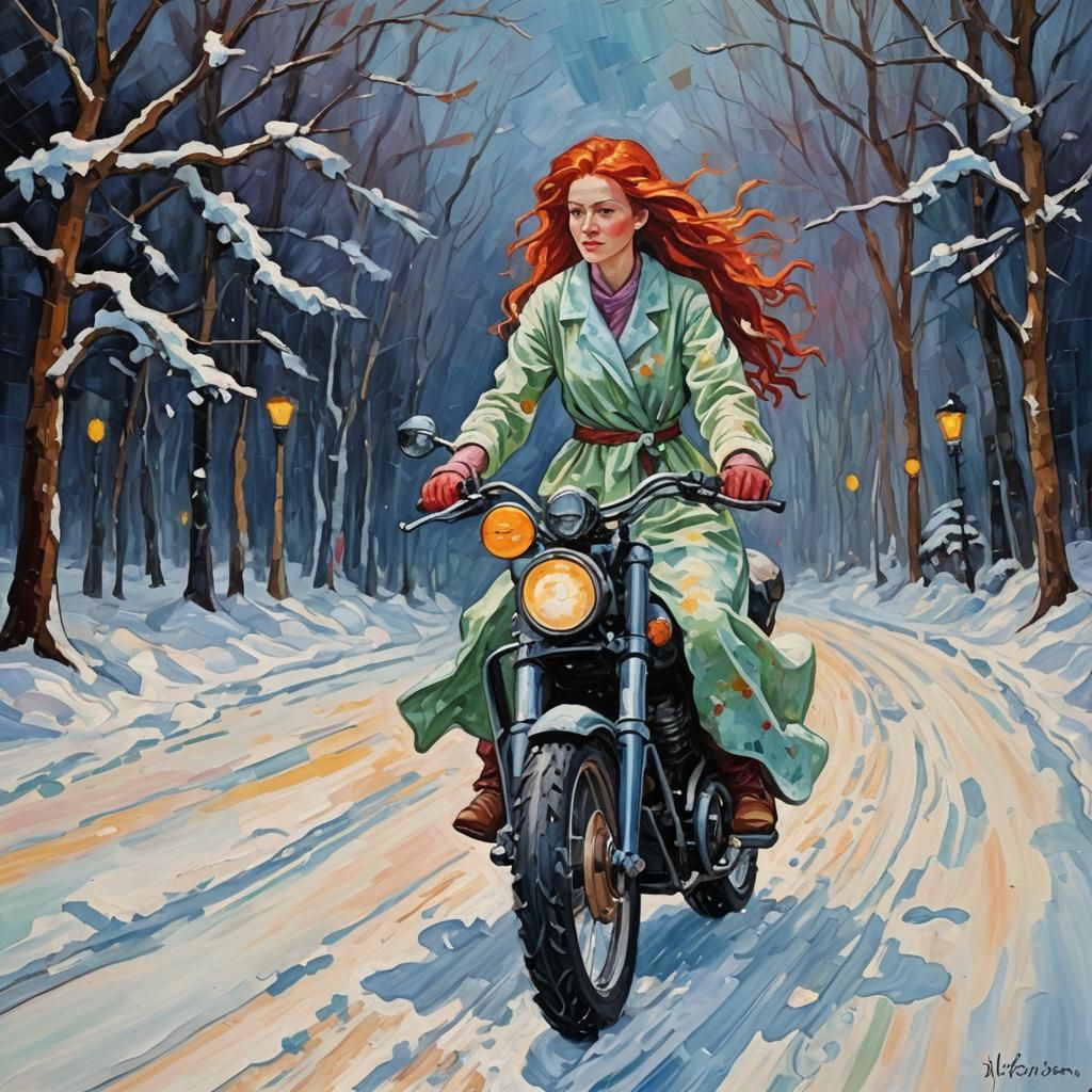 Woman on Motorcycle in Snow, Impasto Oil Painting