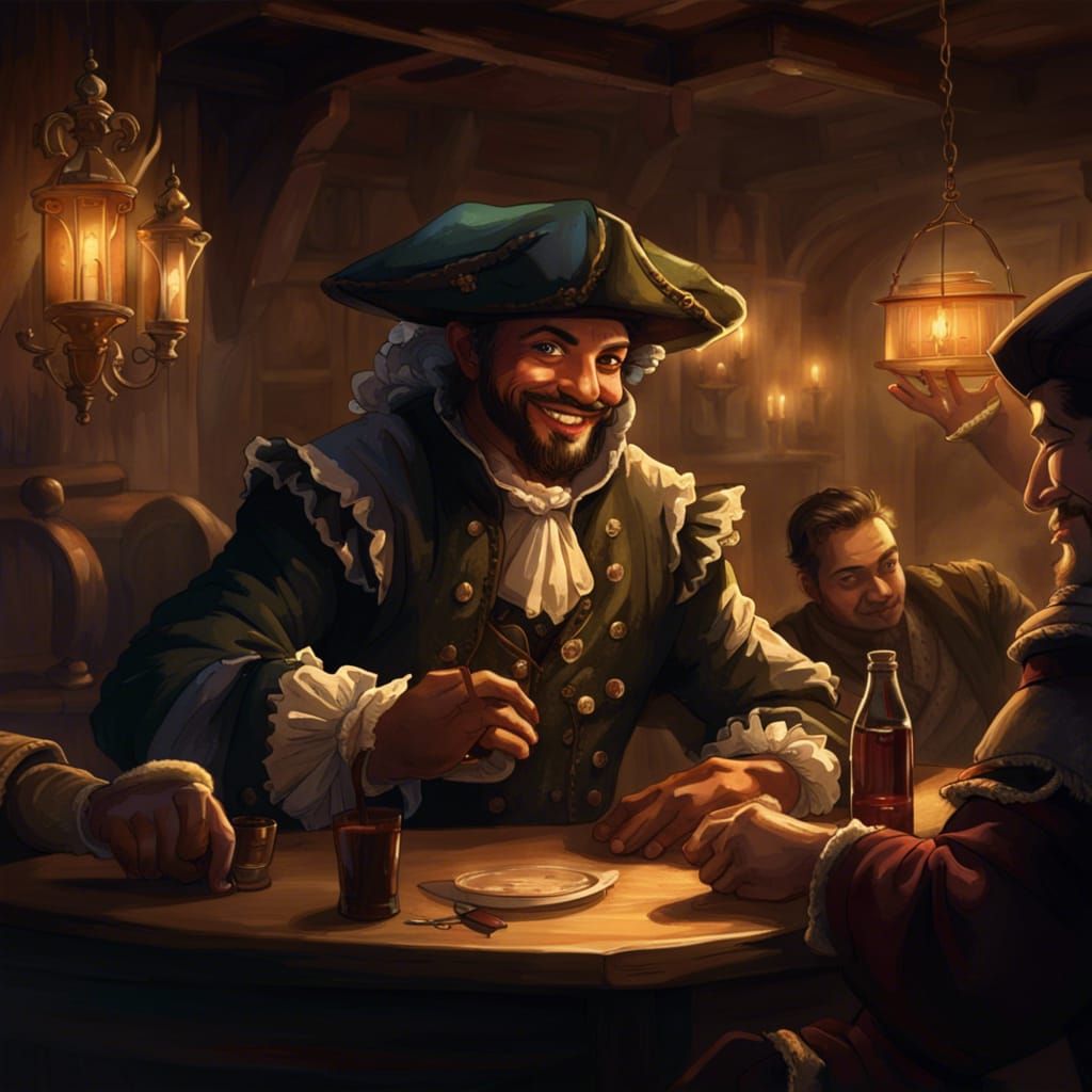 Baroque Gentleman's Charming Heist in Dim Tavern