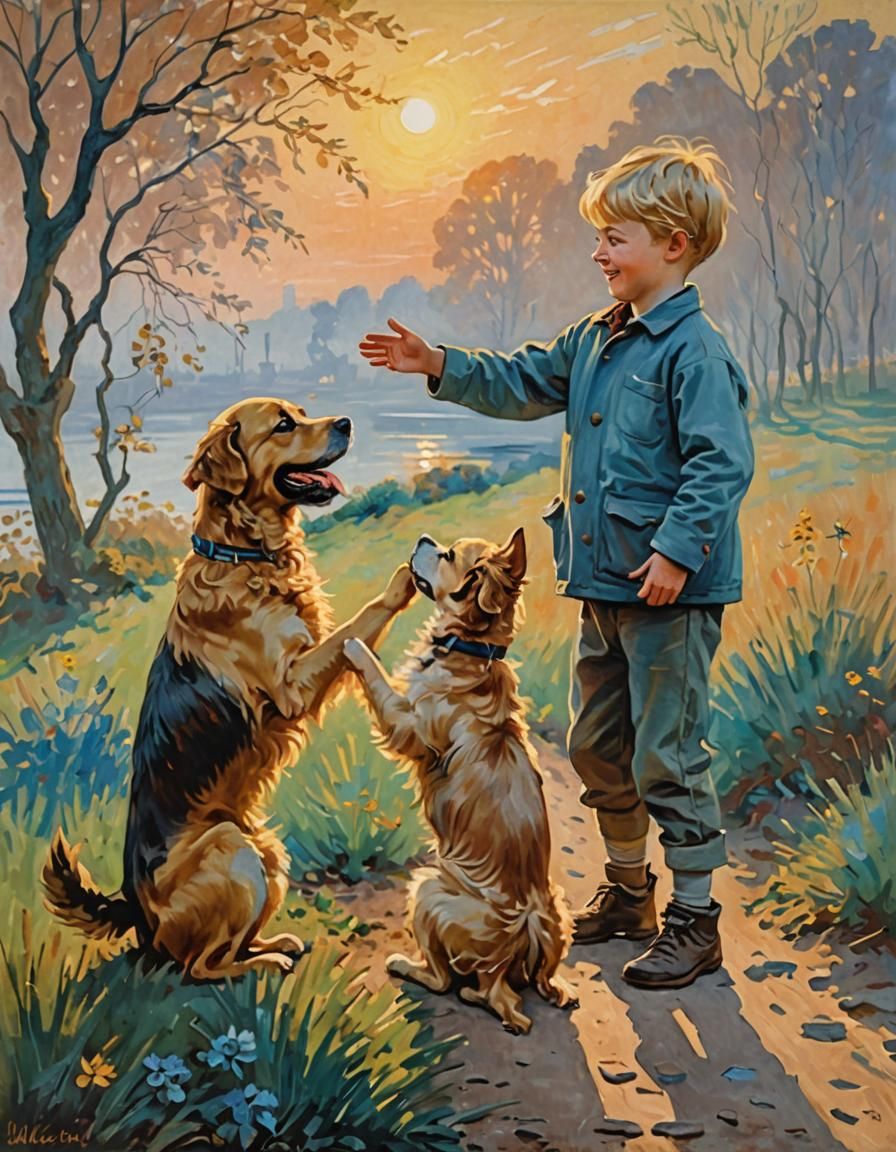 Dog High Five with Boy in Impressionistic Style