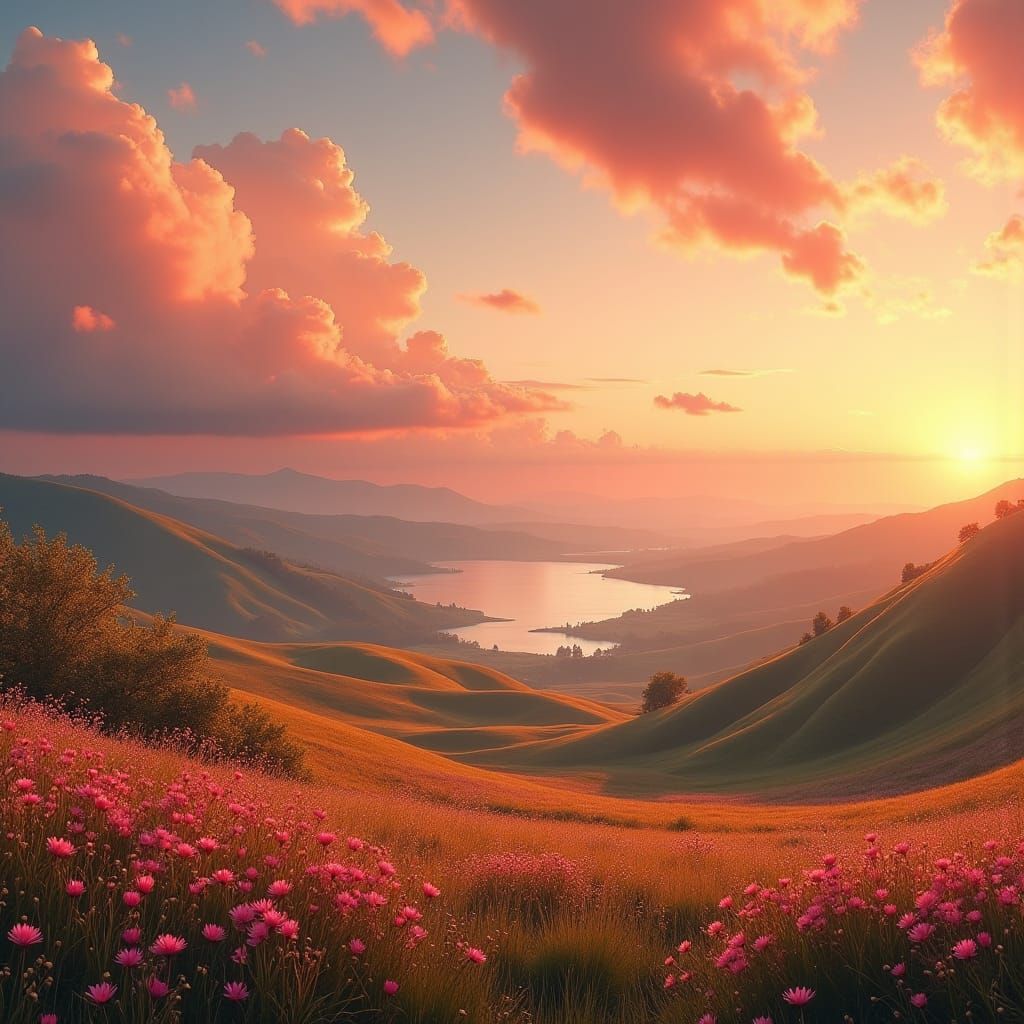 Dreamlike Sunset Landscape Painting in Fantasy Style