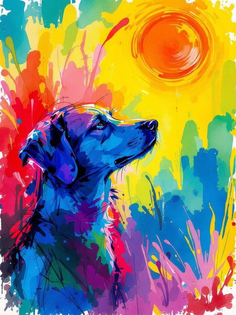 Vibrant Watercolor Dog in Sun with Ink Lines