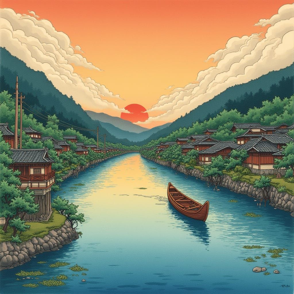 Traditional Japanese River Scene in Shin Hanga Block Print S...