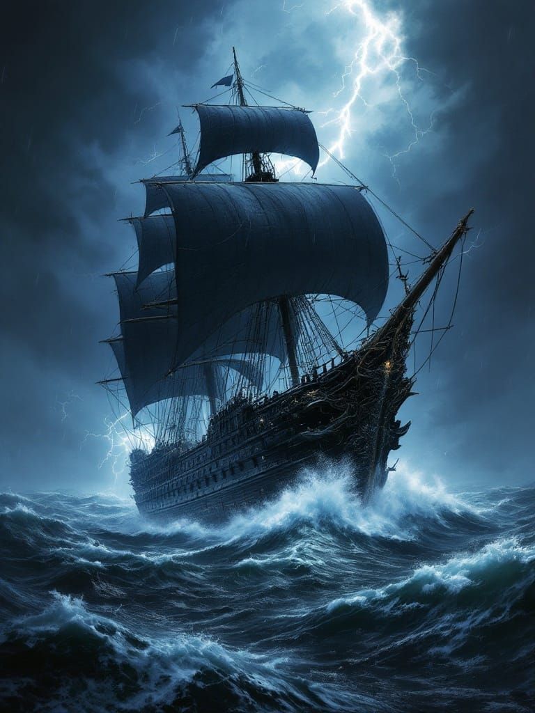 Dark Fantasy Warship Battles Turbulent Ocean Storm