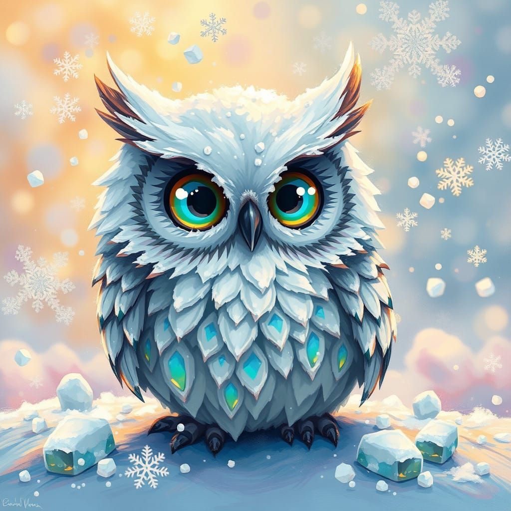 Vibrant Winter Wonderland Chibi Owl in Oil Painting Style