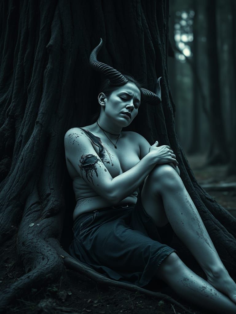 Woman with Horns, Porcelain Skin, Injured Against Tree