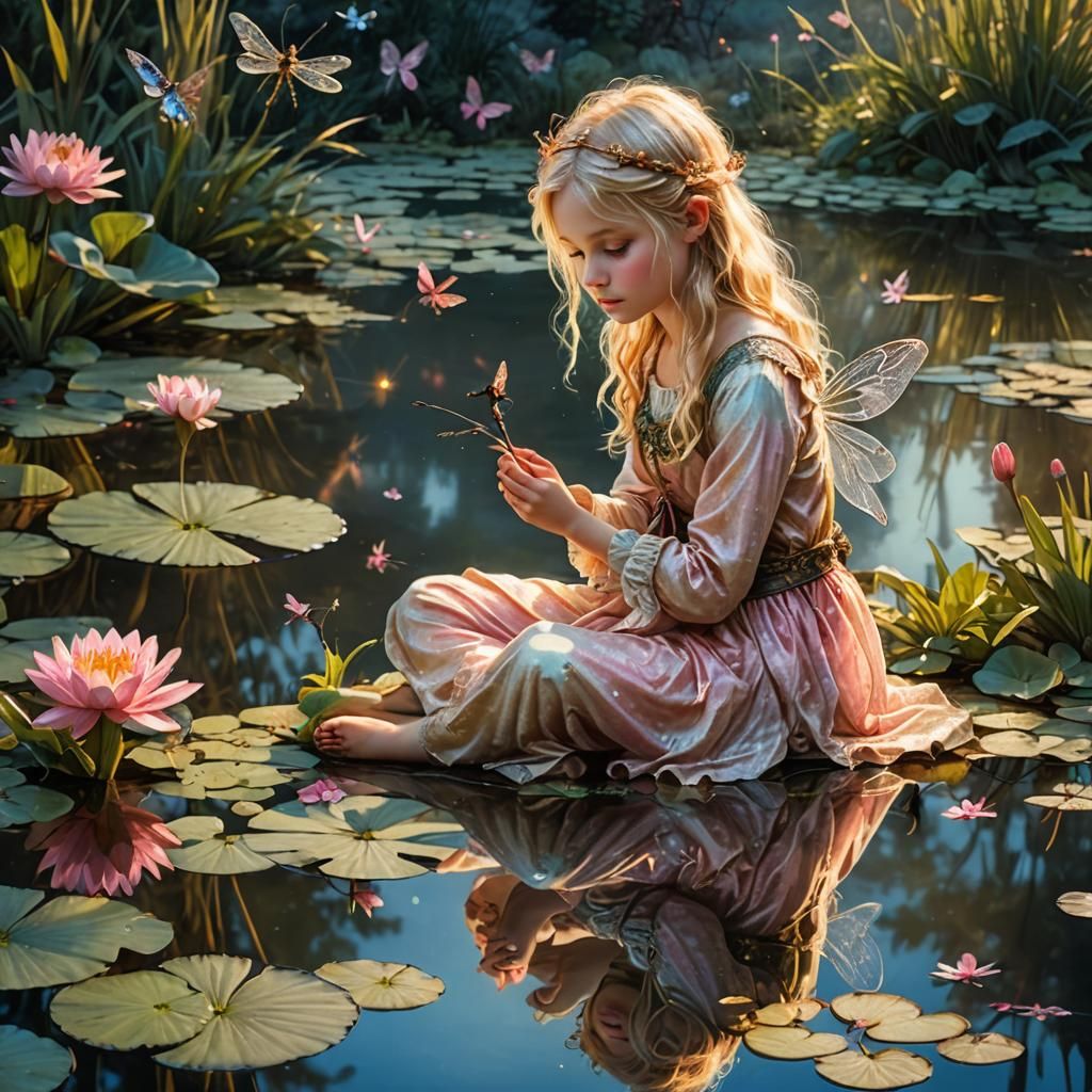 Blonde Fairy with Dragonfly Reflection: Hyperdetailed Fantas...
