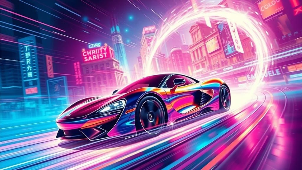 Cyberpunk Sports Car in Astral Vortex, Neon Holographic Illu...