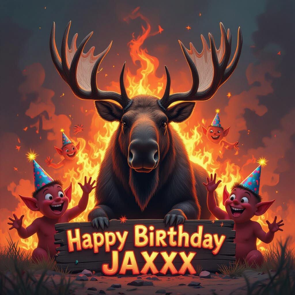 Moose Birthday Party with Devils in Fantasy Style