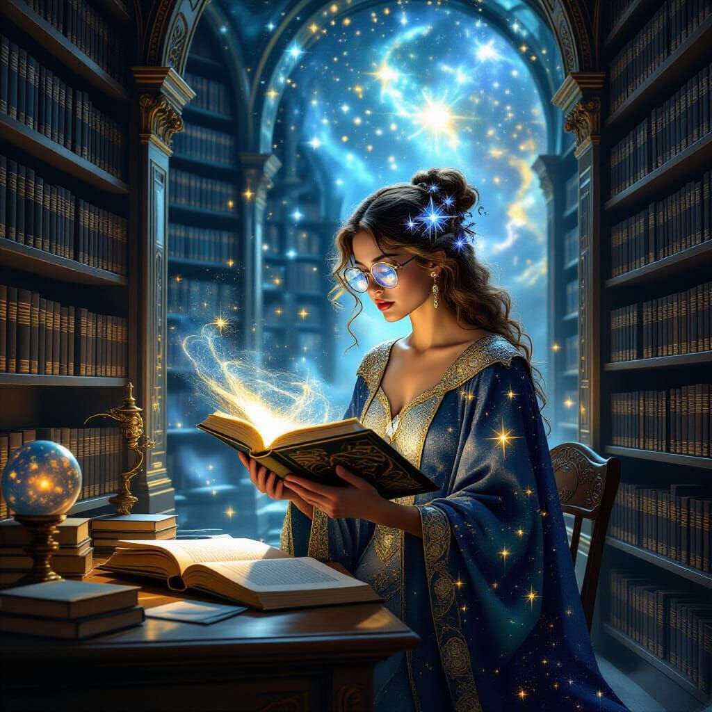 Celestial Librarian Cataloging Stars in Dreamy Library