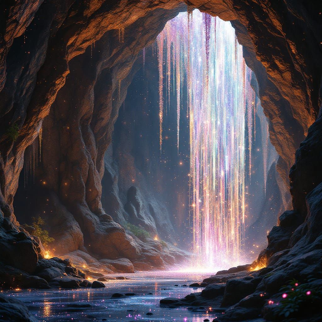 Enchanted Elven Cavern with Iridescent Cascade