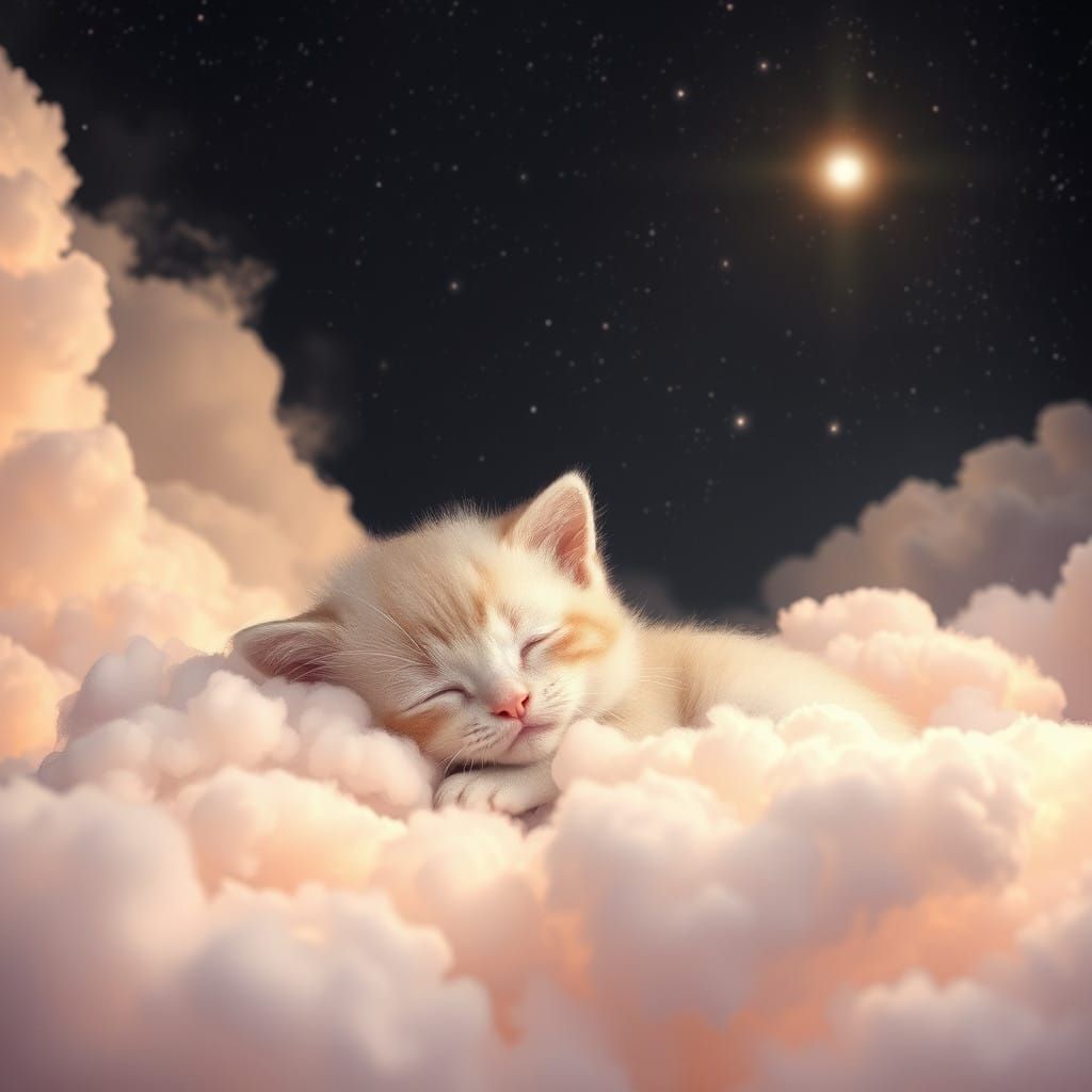 Dreamy Cloud Kitten Under Starry Night Sky