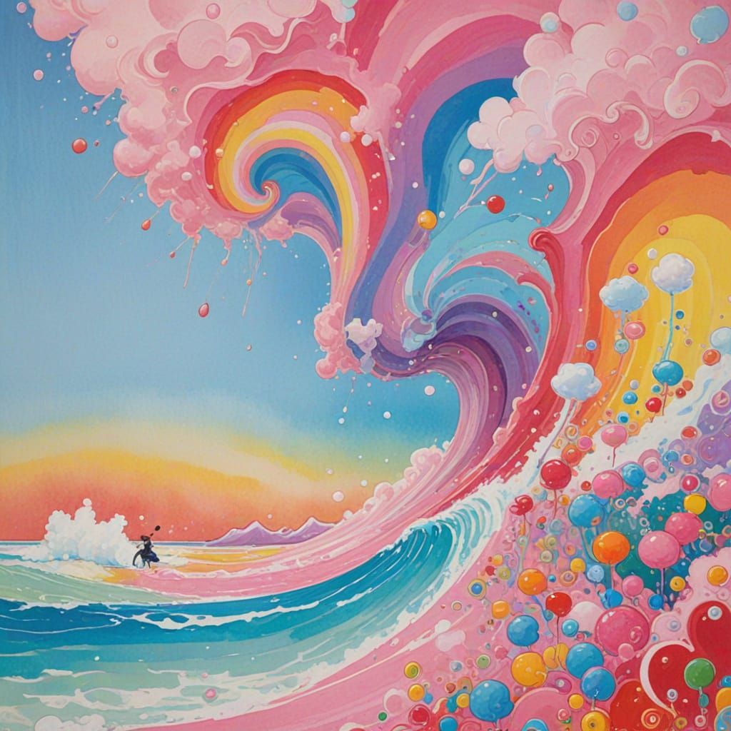 Whimsical Gouache Painting of a Surfer in Candyland