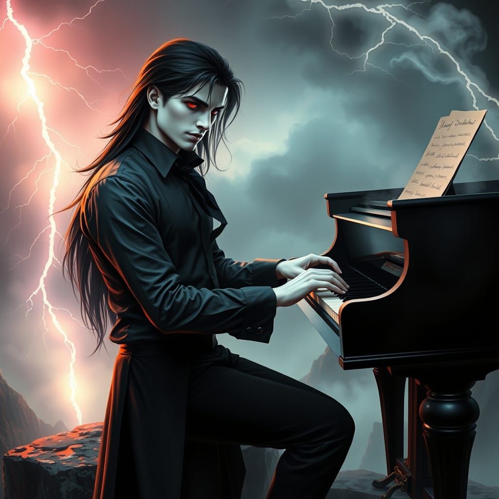 Ethereal Vampire Plays Piano on Dark Cliff