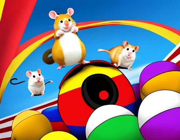 A cartoon hamster with 6 legs, riding a giant cartoon hamster with 6 legs, at a circus,