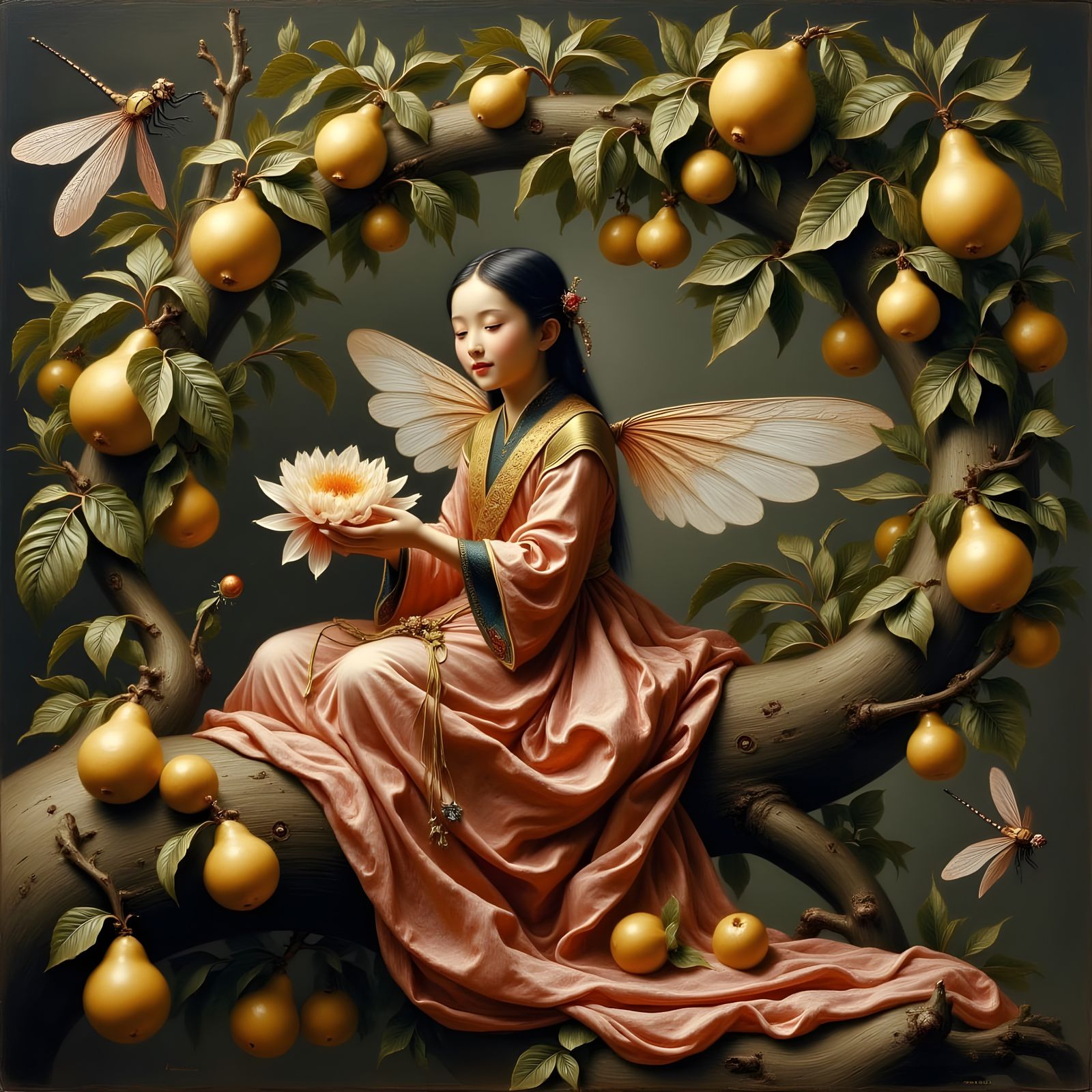 Tibetan Elf Girl Surrounded by Pear Blossoms in a Soft, Lumi...