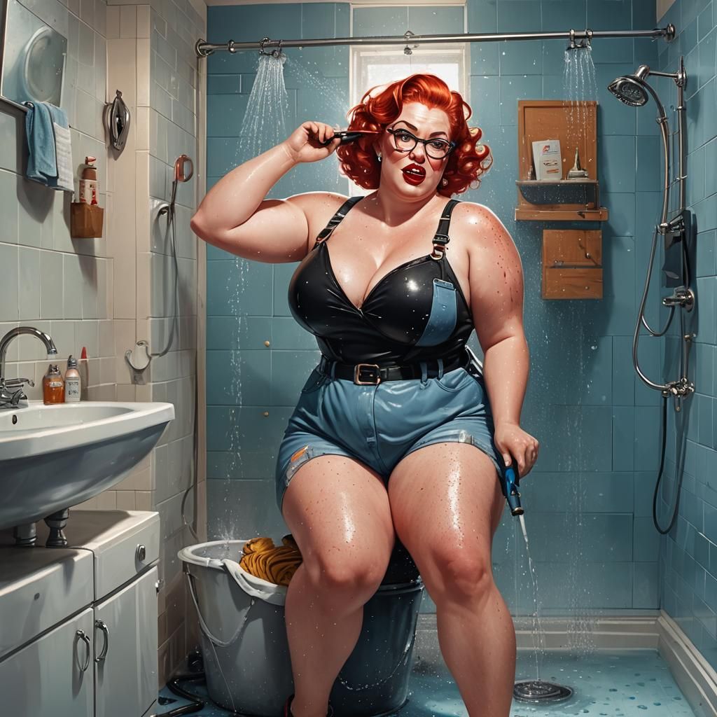 Sultry Pin-Up Girl Cleans with Mop in Vintage Overalls